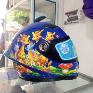 Casco para niño KRM integral. Diseño de dragones azul/naranja brillante